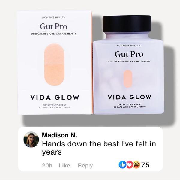 A clean, minimalist product-focused ad featuring a customer testimonial as the primary hook to establish trust for a gut health supplement.